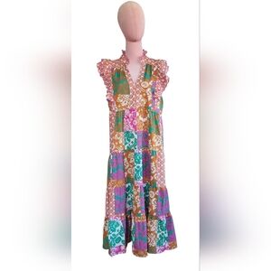 NWT Umgee Boutique Patchwork Boho Ruffle Maxi Dress M